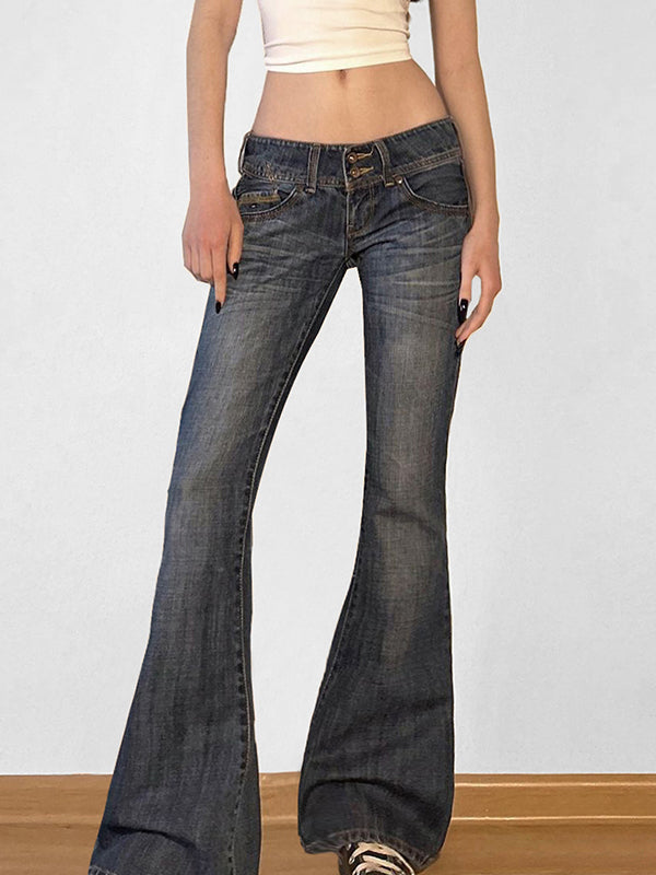 Aged Washed Low Rise Flare Jeans