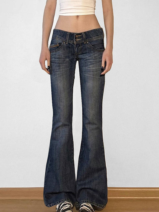 Aged Washed Low Rise Flare Jeans