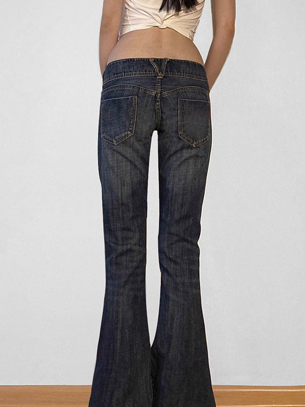 Aged Washed Low Rise Flare Jeans