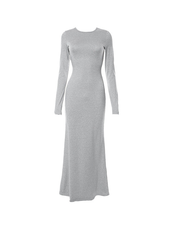 Solid Crew Neck Long Sleeve Mermaid Maxi Dresses