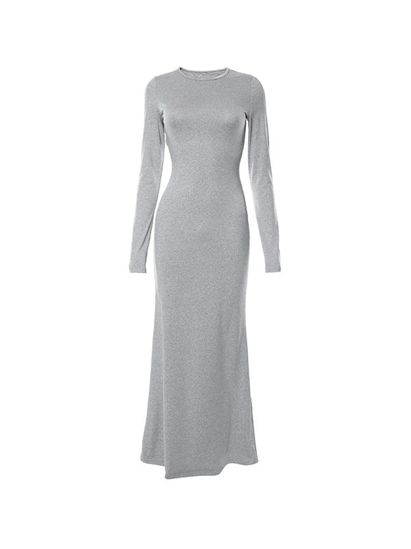 Solid Crew Neck Long Sleeve Mermaid Maxi Dresses