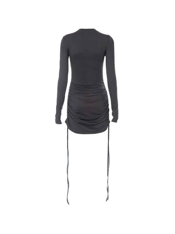 Solid Crew Neck Drawstring Shirred Mini Dresses