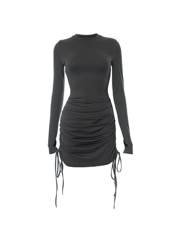 Solid Crew Neck Drawstring Shirred Mini Dresses