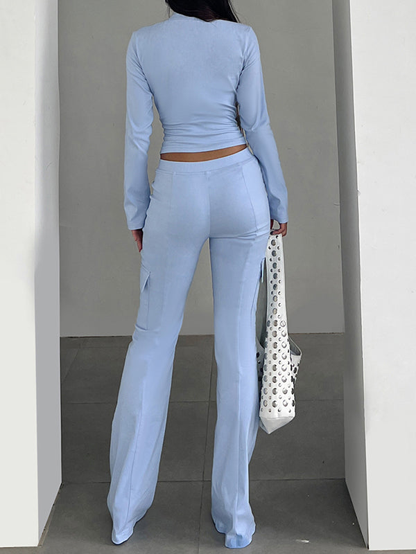 V-Neck Long-Sleeved Fitted Top Two Piece Sets