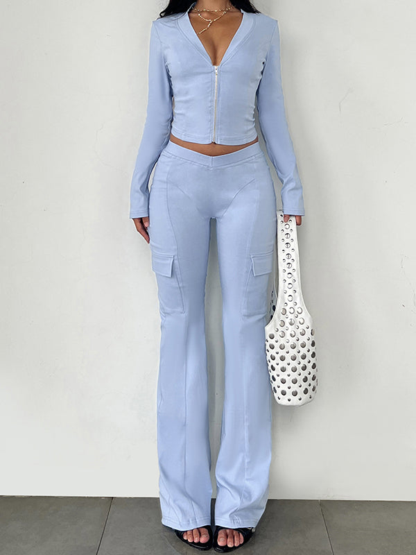 V-Neck Long-Sleeved Fitted Top Two Piece Sets