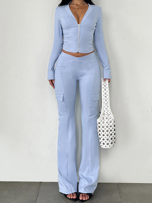 V-Neck Long-Sleeved Fitted Top Two Piece Sets