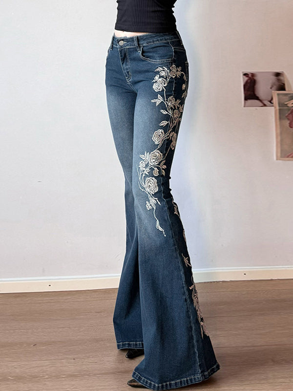 Rose Embroidery Vintage Gradient Flare Jeans