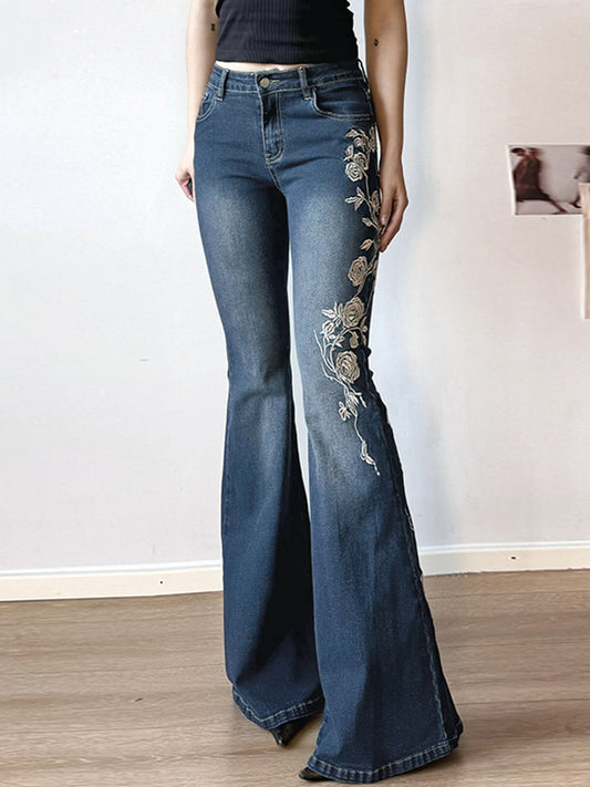 Rose Embroidery Vintage Gradient Flare Jeans
