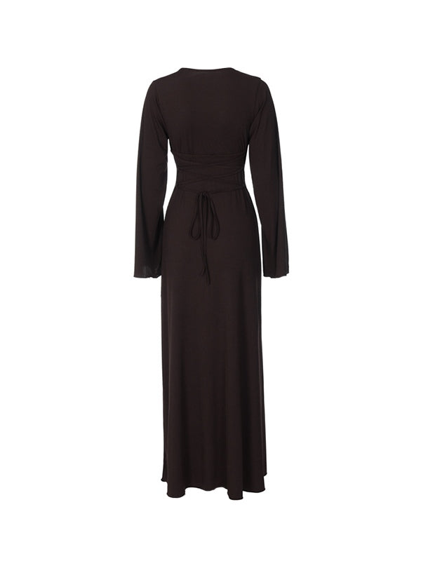 Solid U Neck Tie Back Maxi Dresses