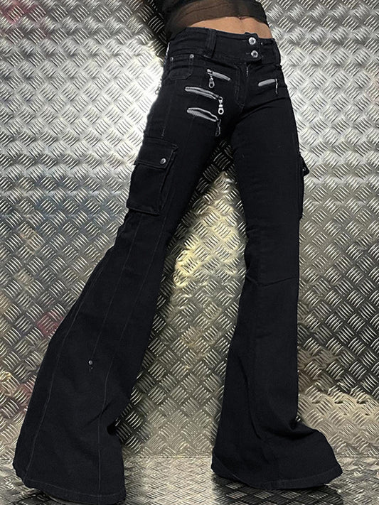 Metal Zipper Decoration High Waist Slimming Flare Jeans