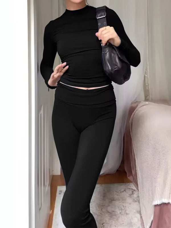 Solid Slim Long Sleeve Tee Flare Leg Pants Sets