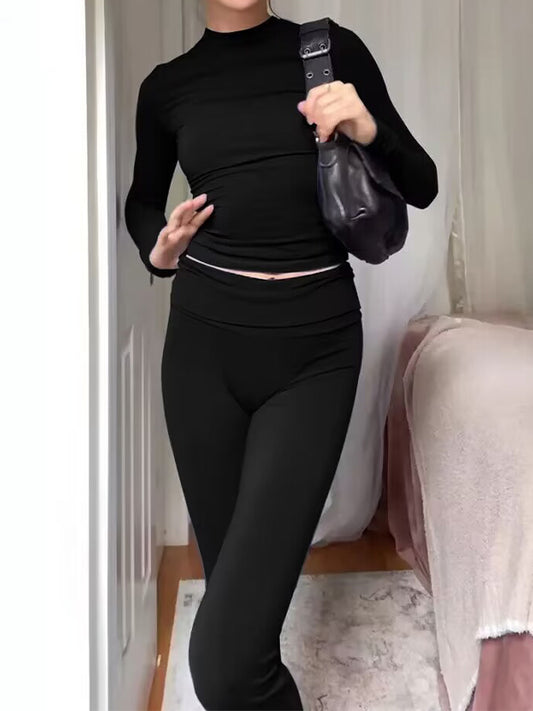 Solid Slim Long Sleeve Tee Flare Leg Pants Sets