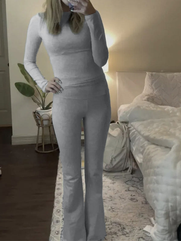 Solid Slim Long Sleeve Tee Flare Leg Pants Sets