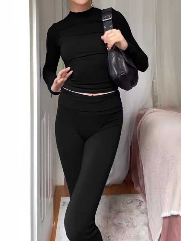Solid Slim Long Sleeve Tee Flare Leg Pants Sets