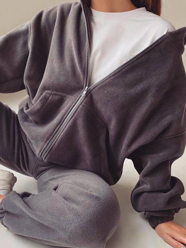 Solid Zip Up Oversized Hoodie Bound Feet Sweatpants Sets