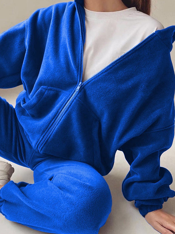 Solid Zip Up Oversized Hoodie Bound Feet Sweatpants Sets