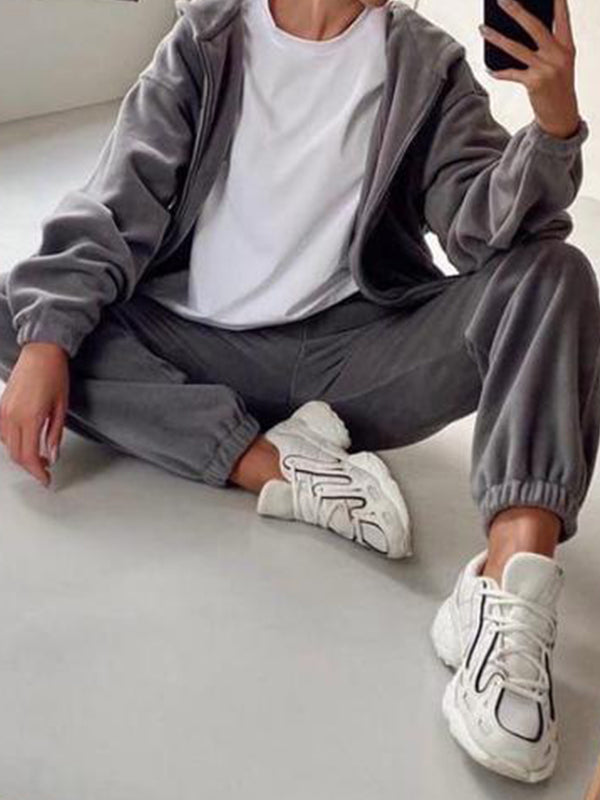 Solid Zip Up Oversized Hoodie Bound Feet Sweatpants Sets