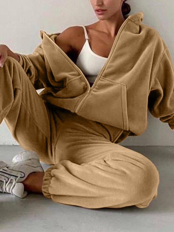 Solid Zip Up Oversized Hoodie Bound Feet Sweatpants Sets
