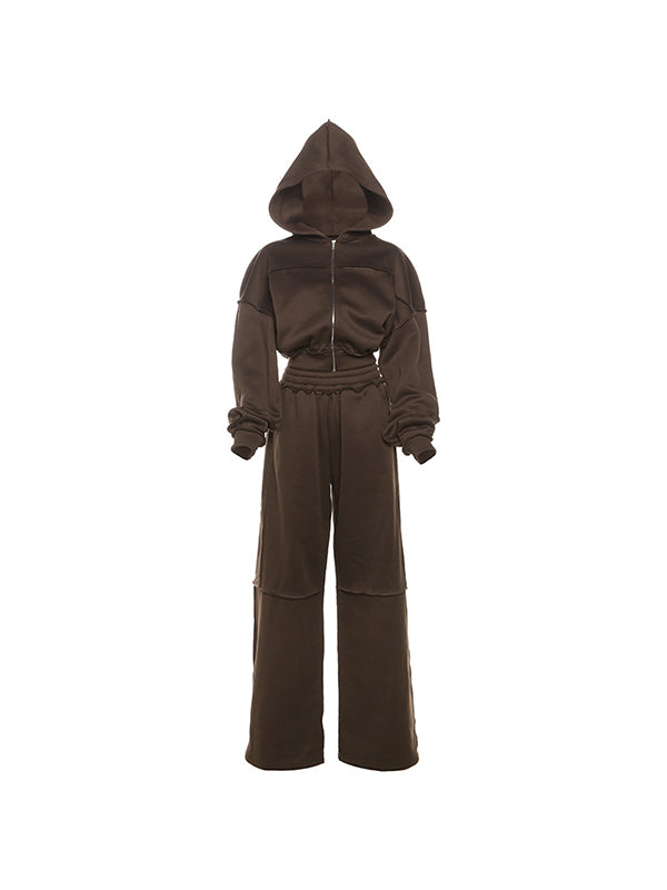 Loose Solid Color Zipper Jacket Two Piece Sets