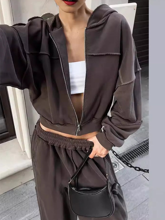 Loose Solid Color Zipper Jacket Two Piece Sets