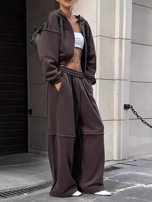 Loose Solid Color Zipper Jacket Two Piece Sets