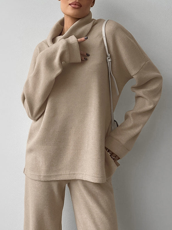 Fashion High Collar Solid Color Casual Two Piece Sets