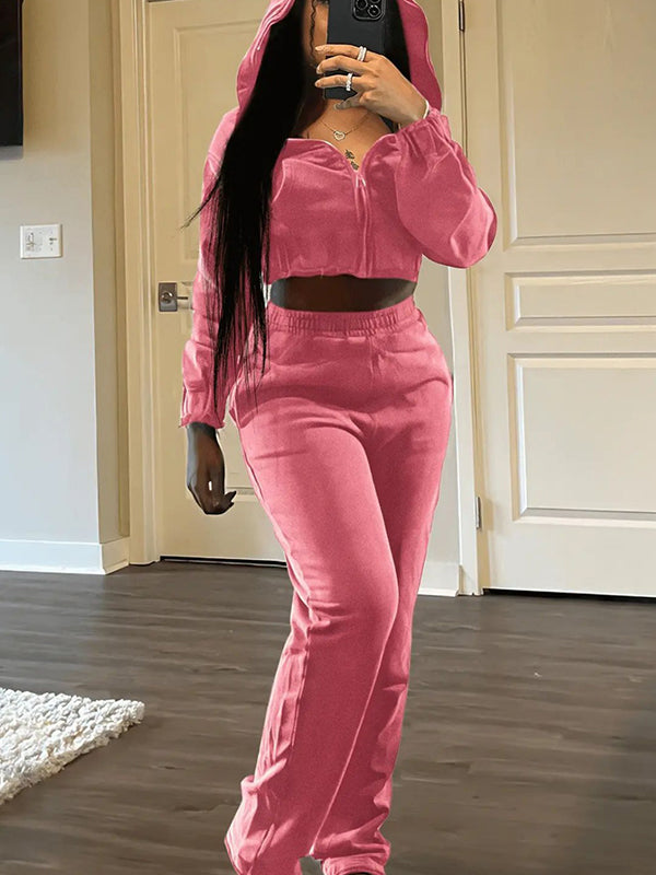 Zip Hooded Trousers Two Piece Sets