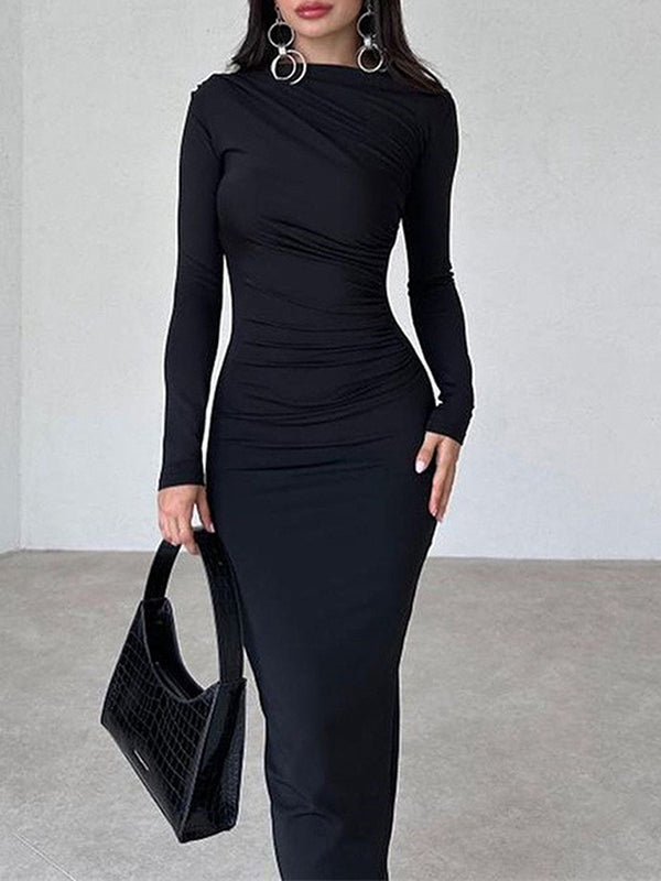 Slim Fit Solid Color Temperament Long Hip-Wrapped Dresses