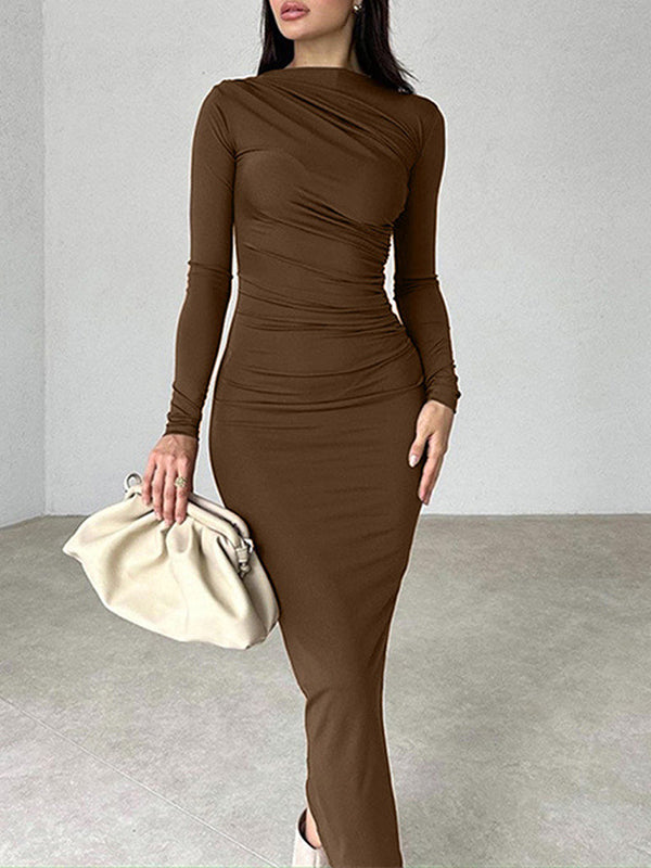 Slim Fit Solid Color Temperament Long Hip-Wrapped Dresses
