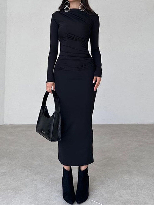 Slim Fit Solid Color Temperament Long Hip-Wrapped Dresses