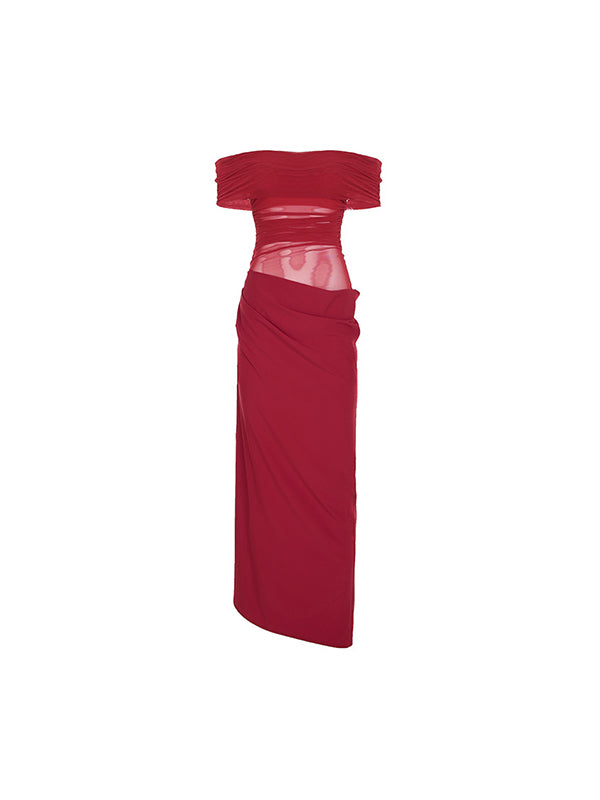 One-Shoulder Mesh Patchwork Maxi Dresses