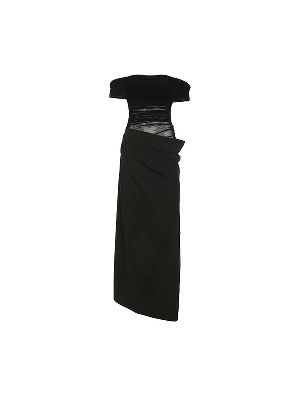 One-Shoulder Mesh Patchwork Maxi Dresses