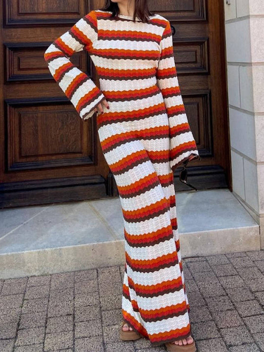 Striped Contrast Knitted Hollow Maxi Dresses