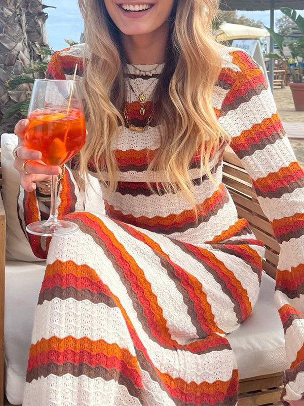 Striped Contrast Knitted Hollow Maxi Dresses