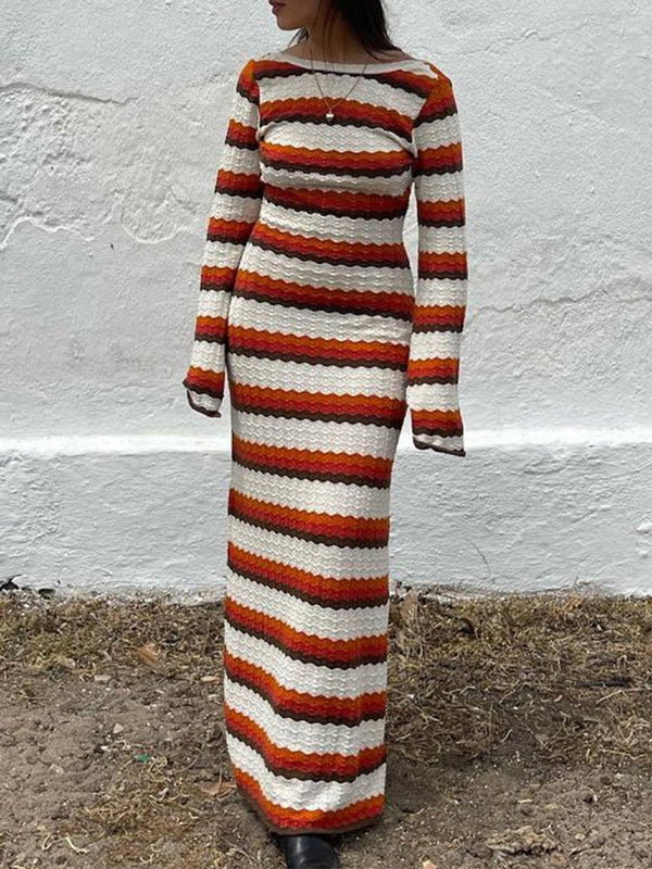 Striped Contrast Knitted Hollow Maxi Dresses