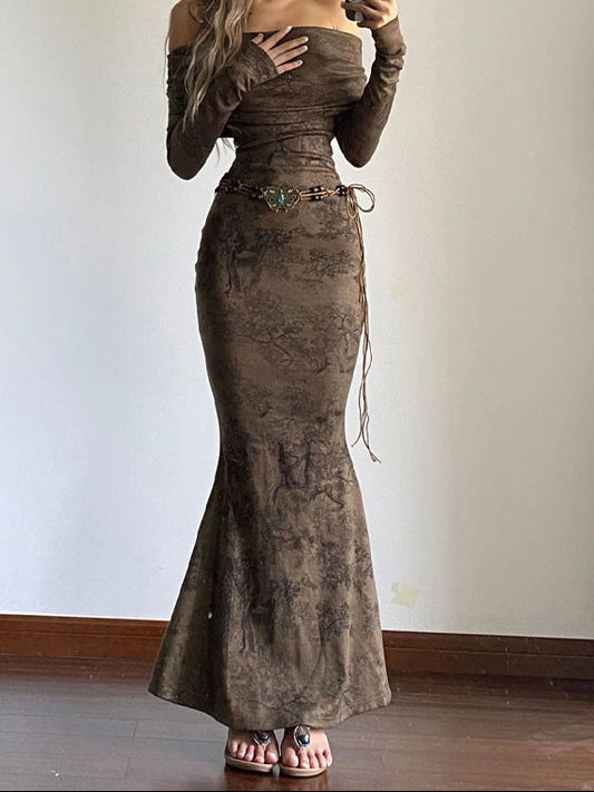 Off Shoulder Random Print Mermaid Maxi Dress