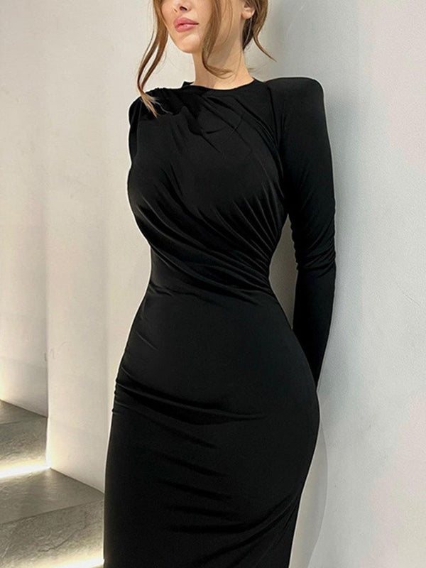 Solid Ruched Long Sleeve Maxi Dresses