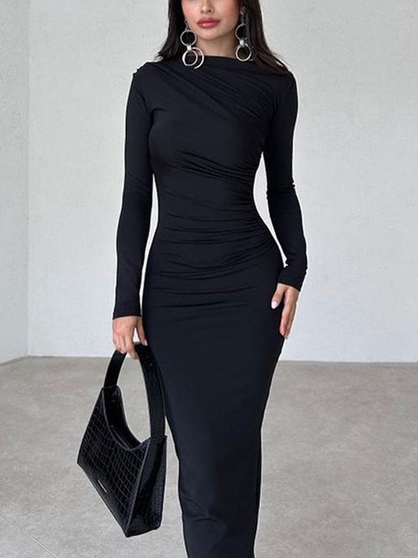 Solid Ruched Long Sleeve Maxi Dresses
