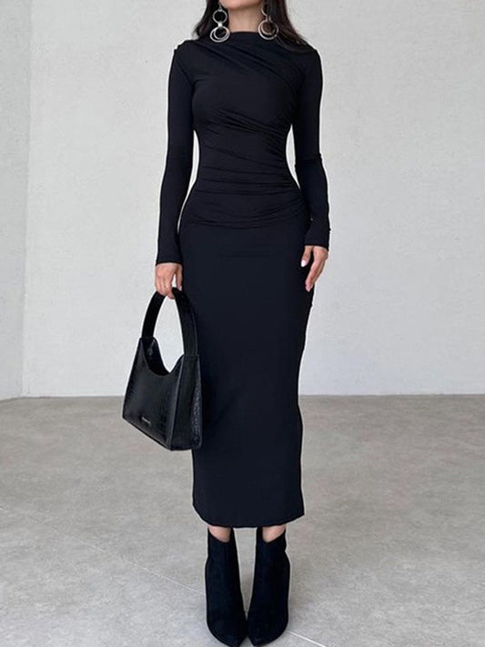 Solid Ruched Long Sleeve Maxi Dresses