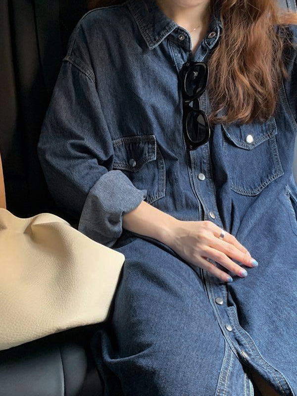 Denim Dual Pocket Shirt Maxi Dresses