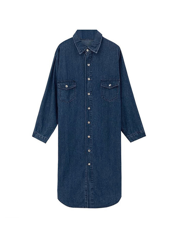 Denim Dual Pocket Shirt Maxi Dresses
