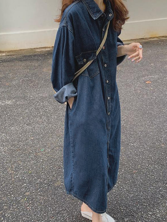 Denim Dual Pocket Shirt Maxi Dresses
