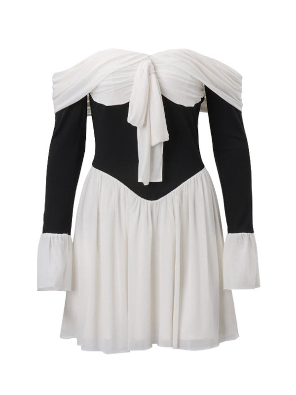 Off Shoulder Corset Splice Flare Sleeve Mini Dresses
