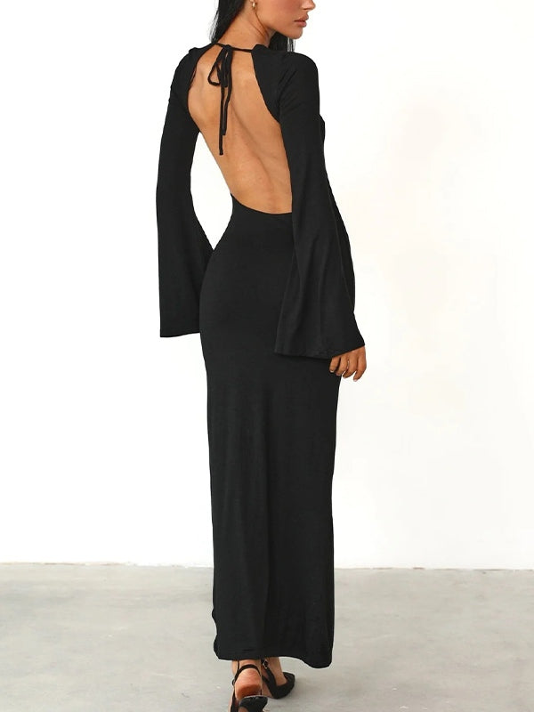 Solid Backless Trumpet Sleeve Maxi Dresses