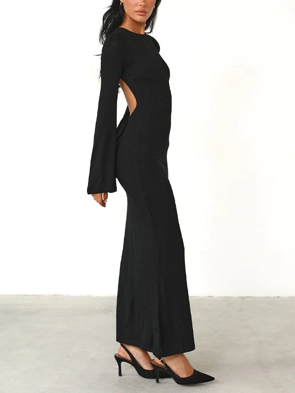 Solid Backless Trumpet Sleeve Maxi Dresses