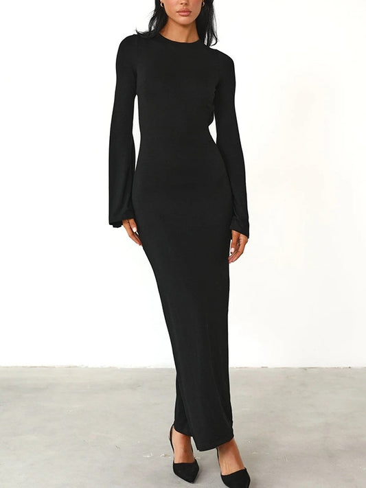 Solid Backless Trumpet Sleeve Maxi Dresses