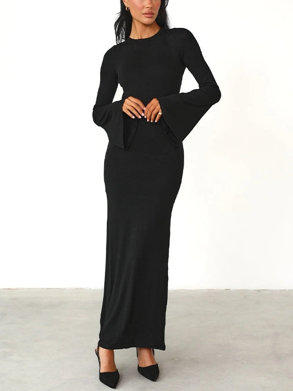 Solid Backless Trumpet Sleeve Maxi Dresses