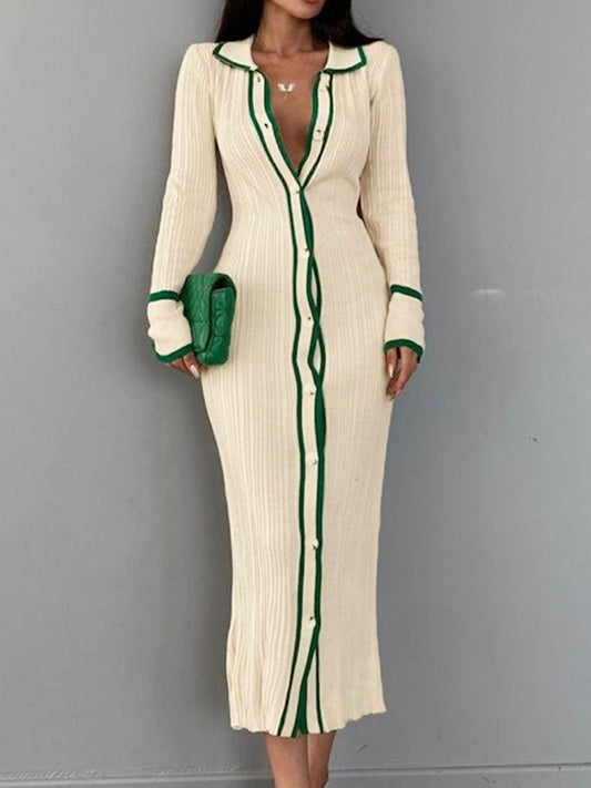Contrast Color Trim Splice Lapel Neck Slim Midi Dresses