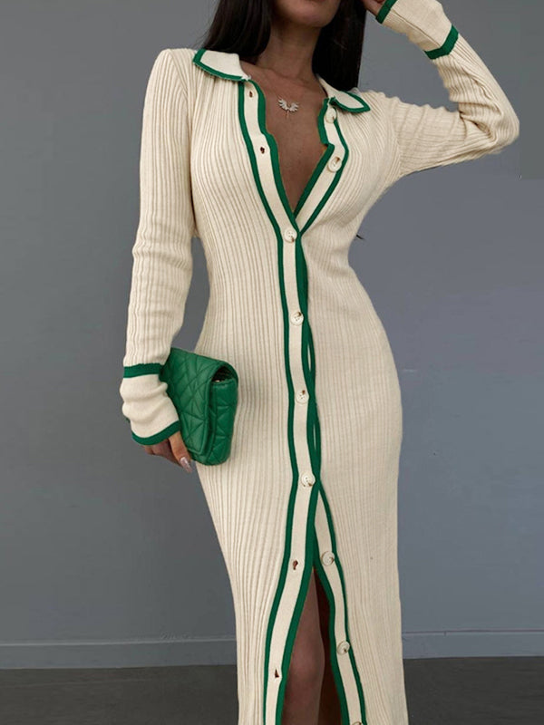 Contrast Color Trim Splice Lapel Neck Slim Midi Dresses