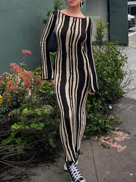 Striped Crew Neck Long Sleeve Maxi Dresses